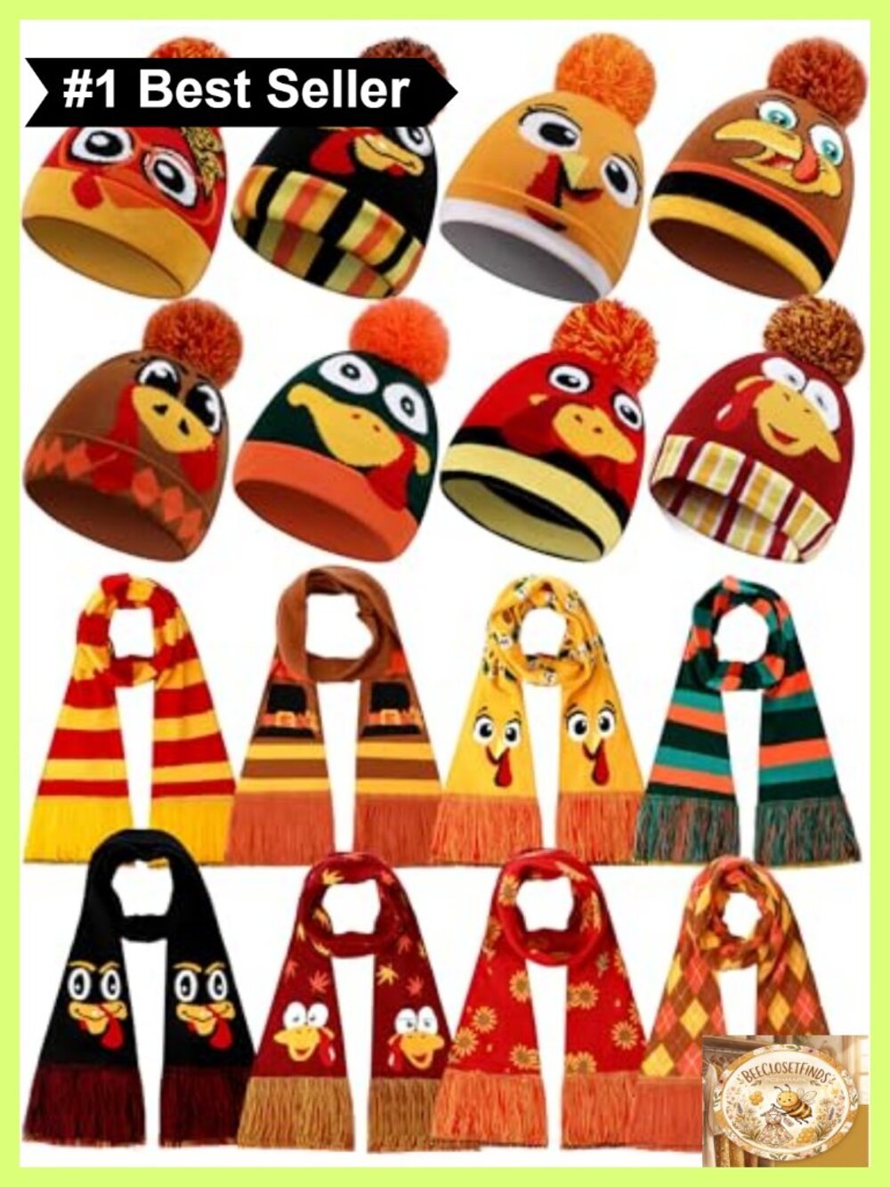 Geyoga Knitted Acrylic Beanie and Scarf Set 16 Pc Thanksgiving Fall